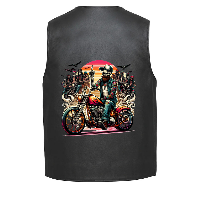 Biker skull riding a motorcycle with a Middle Finger sunset in the back and other bikers in the background.
