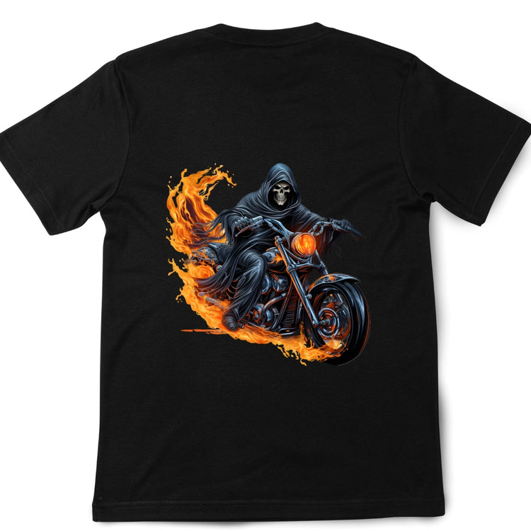 A hooded grim reaper riding a motorcycle engulfed in flames.