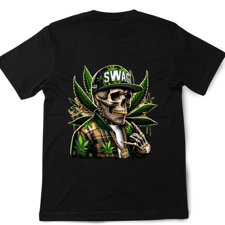Skeleton wearing a green cap with &
