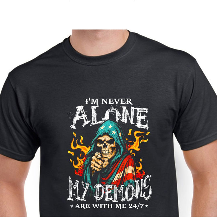 Skull in a hooded robe with flames and the text &