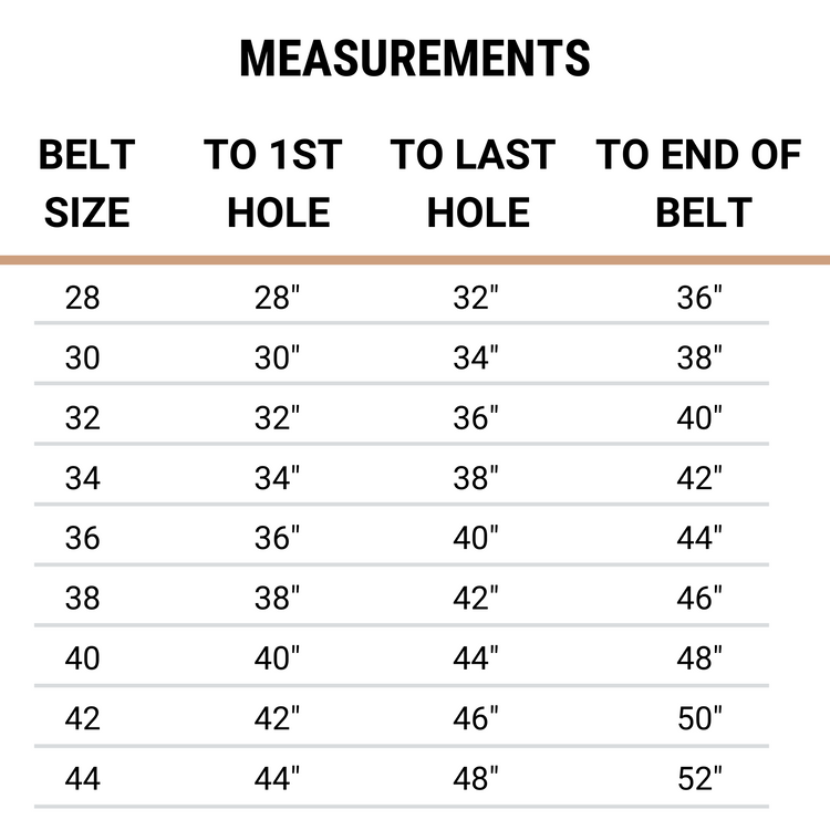 Leather Belt size measurement chart showing belt sizes 28–44, first and last hole measurements, and end lengths