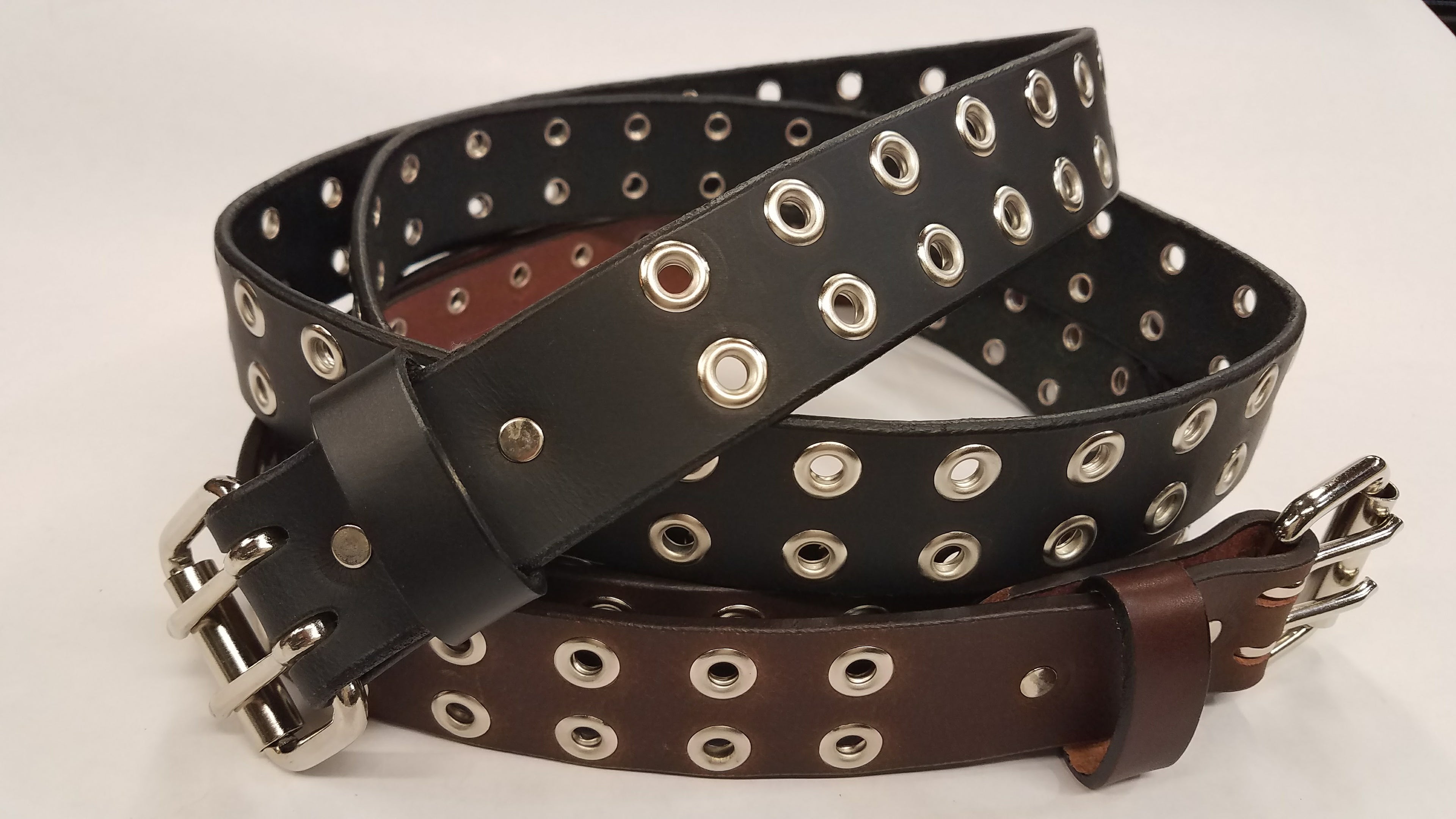 Leather Belt With Steel Buckle and Grommets 1 1/2" Wide