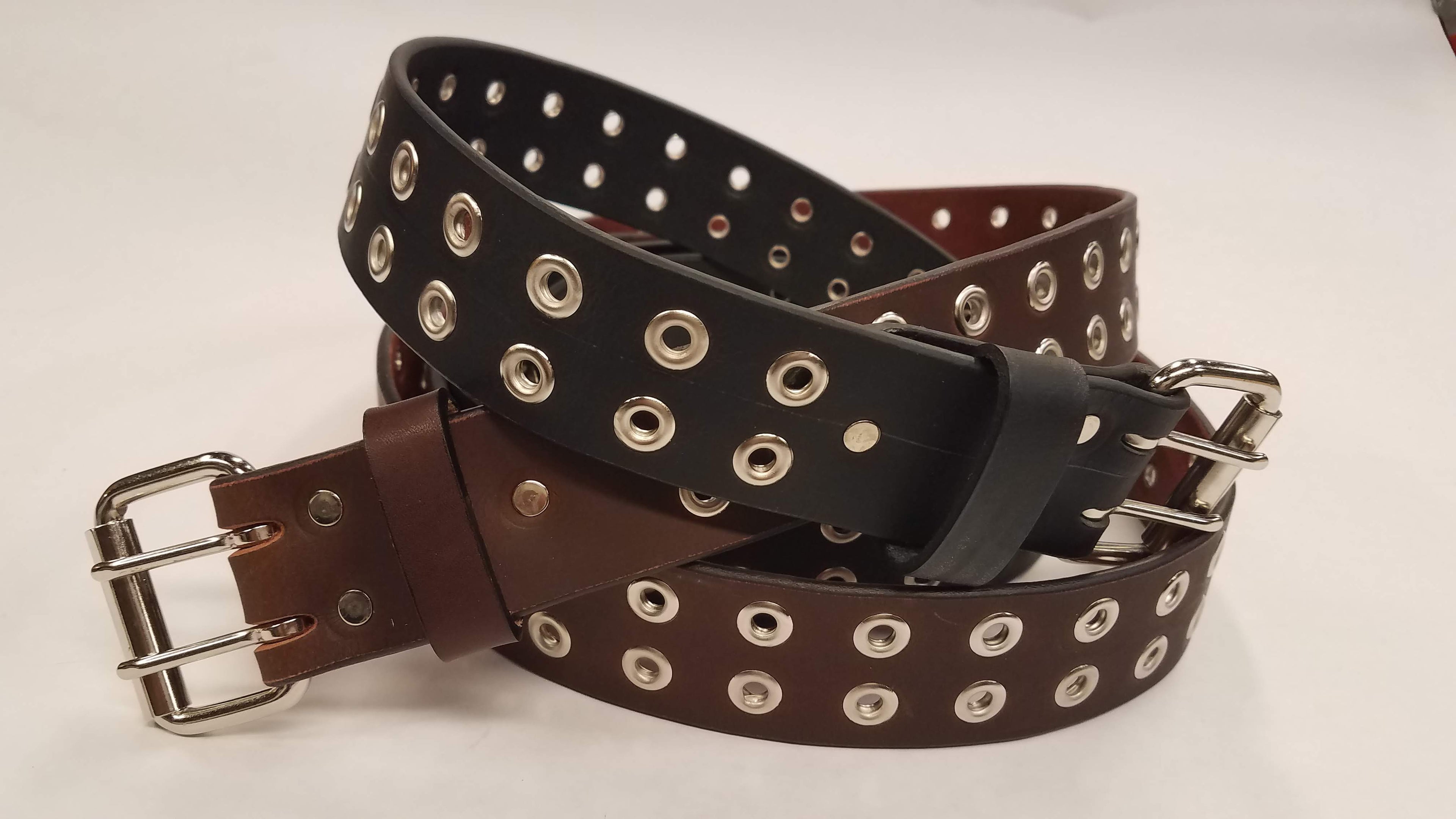 Leather Belt With Steel Buckle and Grommets 1 1/2" Wide