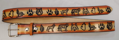 Embossed Leather Belt 1 1/2" Wide Wildlife Wolf