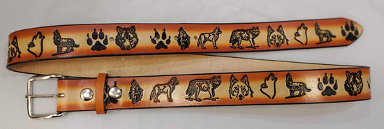 Embossed Leather Belt 1 1/2" Wide Wildlife Wolf