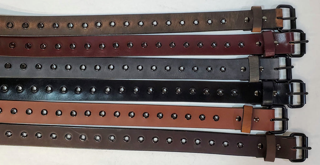 Leather Belt With Black Buckle and Grommets 1 1/2" Wide
