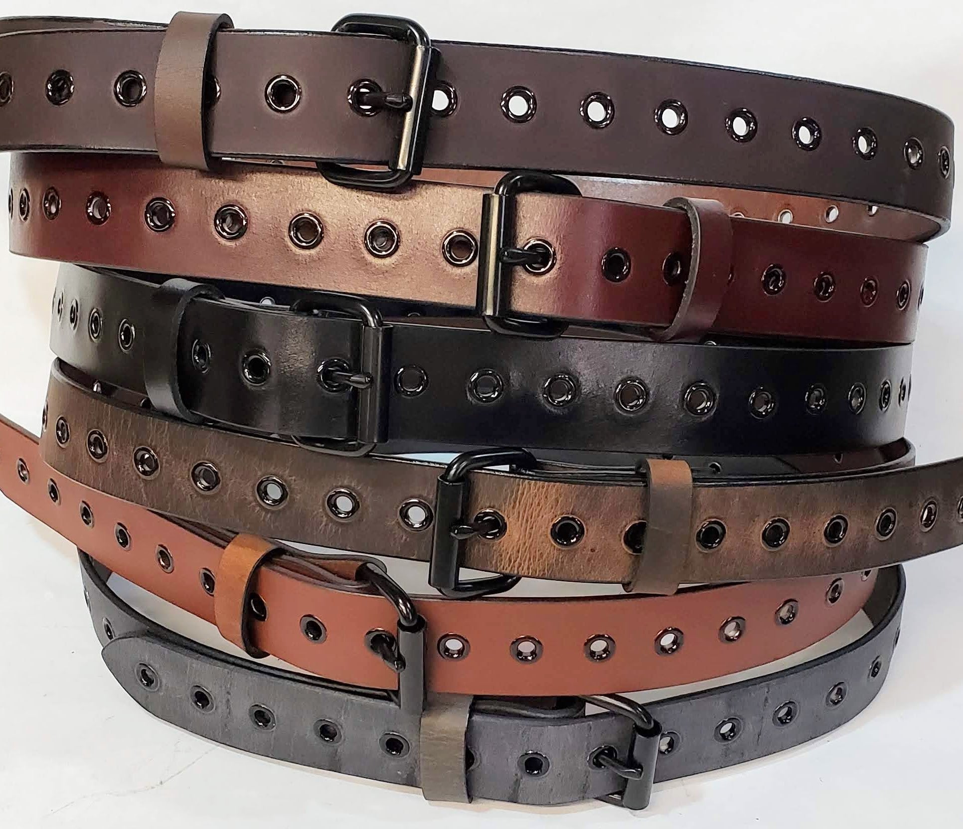 Leather Belt With Black Buckle and Grommets 1 1/2" Wide