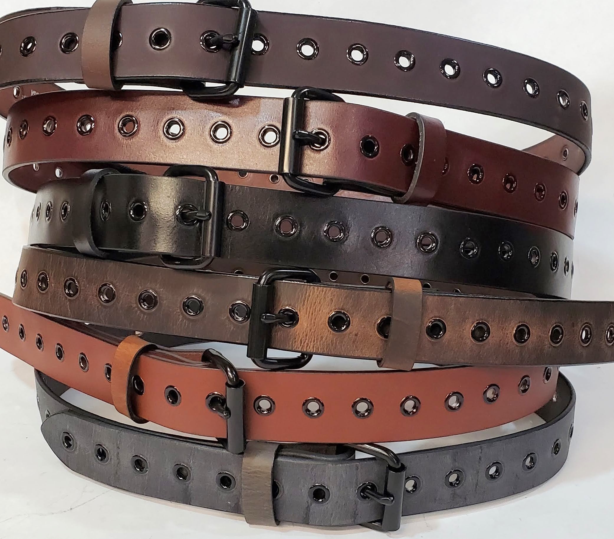 Leather Belt With Black Buckle and Grommets 1 1/2" Wide