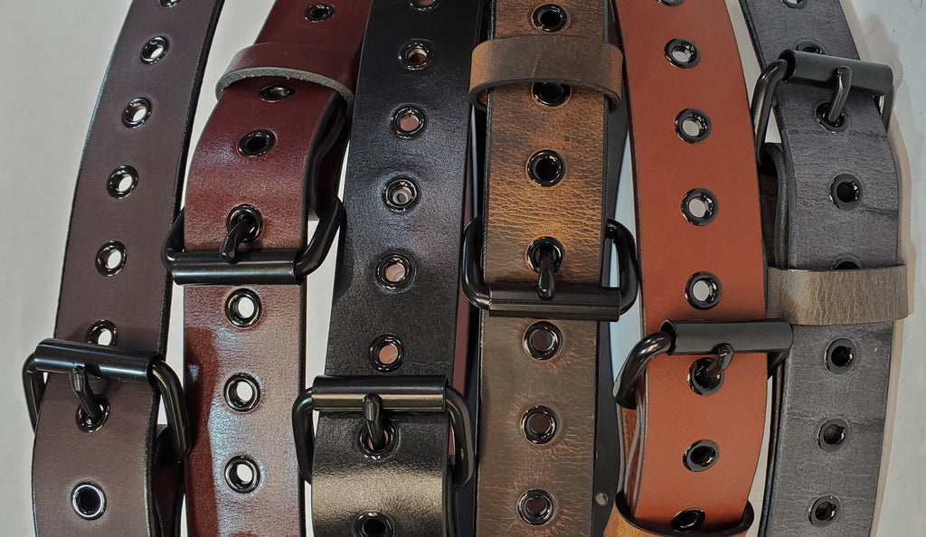 Leather Belt With Black Buckle and Grommets 1 1/2" Wide