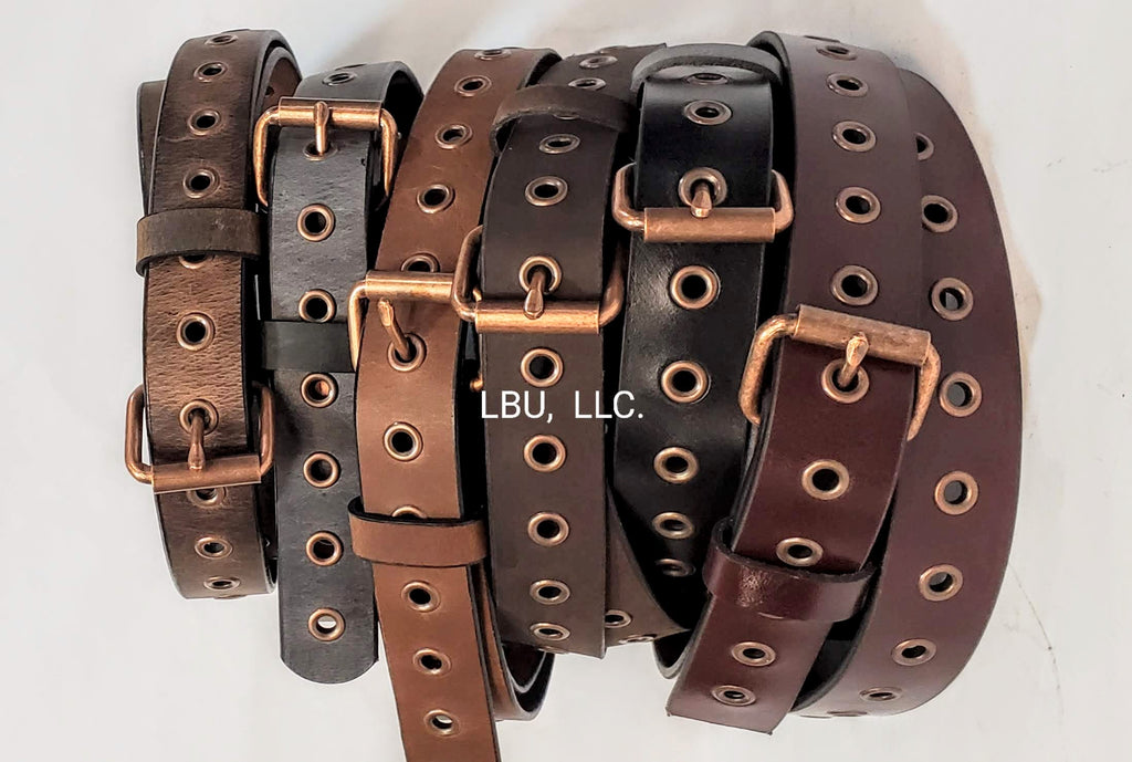 Leather Belt With Antique Copper Buckle and Grommets 1 1/4" Wide