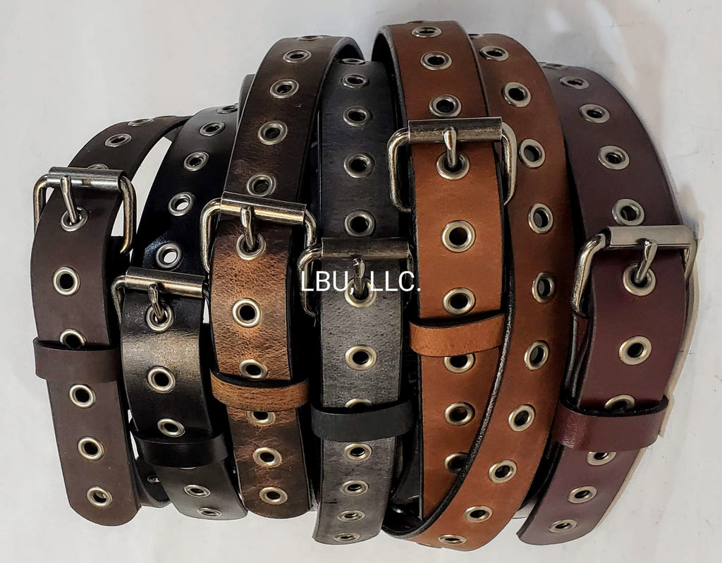 Leather Belt With Antique Silver Buckle and Grommets 1 1/2" Wide