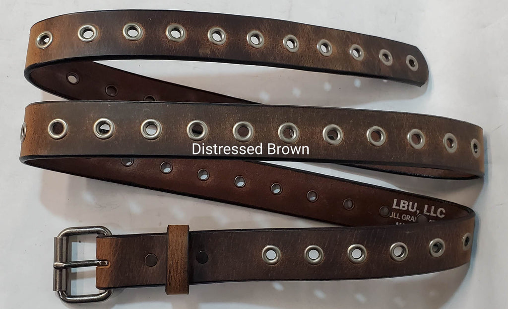 Leather Belt With Antique Silver Buckle and Grommets 1 1/2" Wide