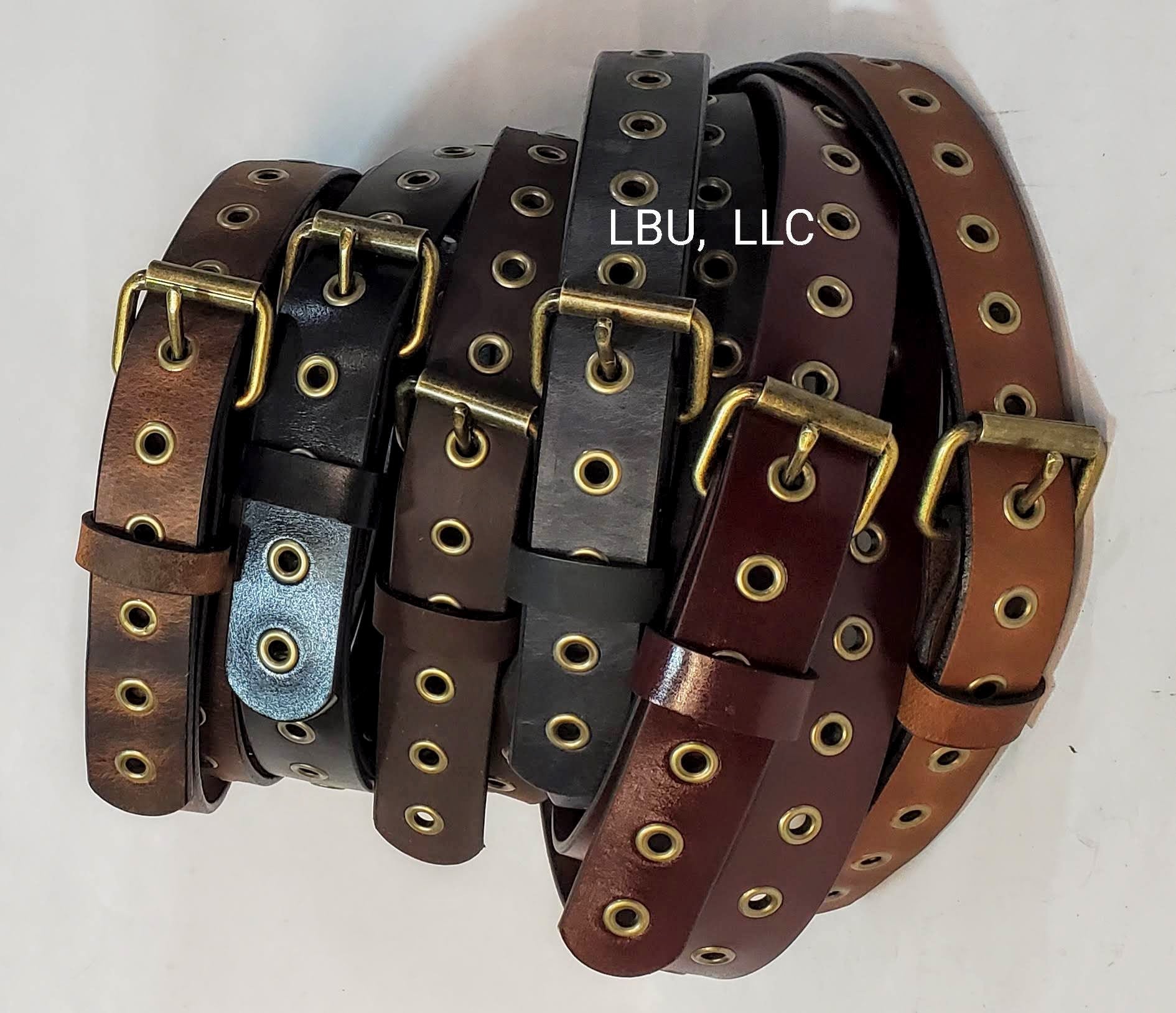 Leather Belt With Antique Brass Buckle and Grommets 1 1/2" Wide