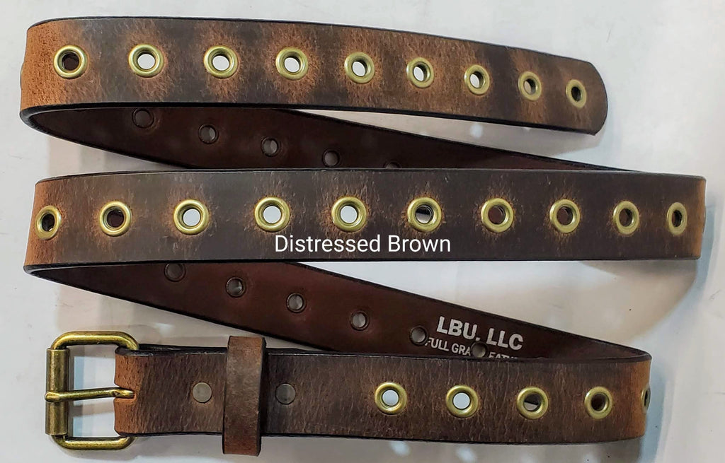 Leather Belt With Antique Brass Buckle and Grommets 1 3/4" Wide