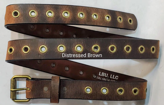 Leather Belt With Antique Brass Buckle and Grommets 1 3/4" Wide