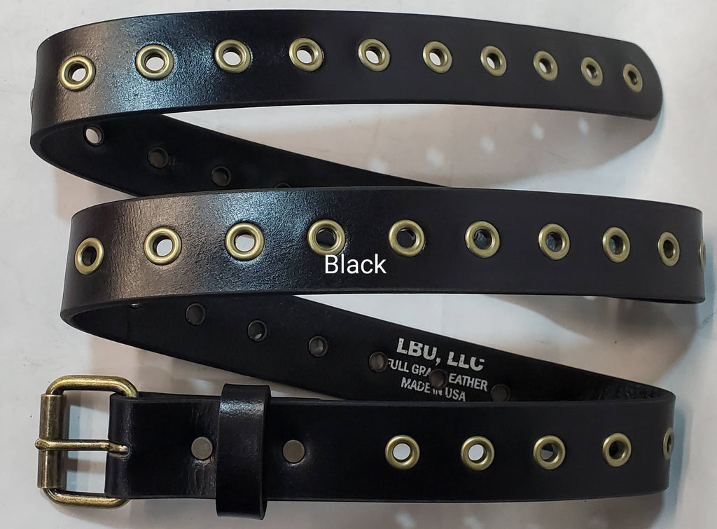 Leather Belt With Antique Brass Buckle and Grommets 1 3/4" Wide