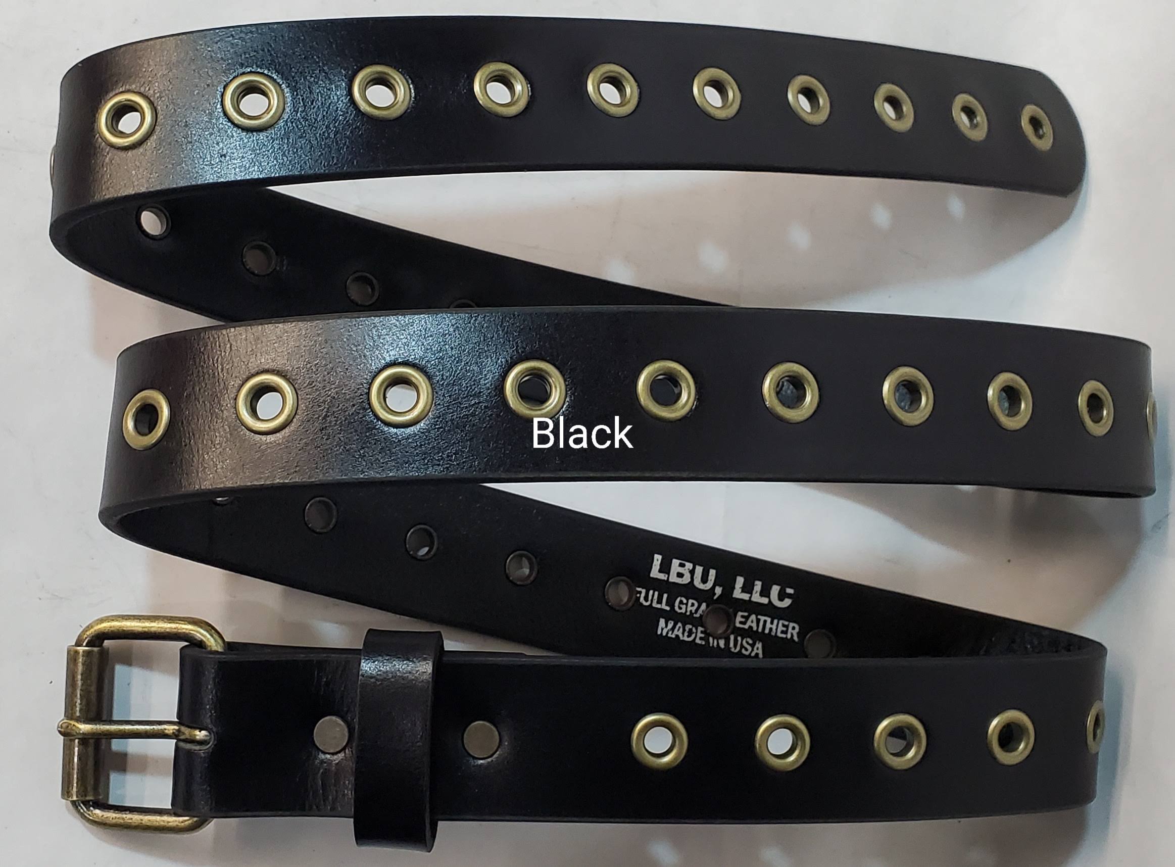 Leather Belt With Antique Brass Buckle and Grommets 1 1/2" Wide