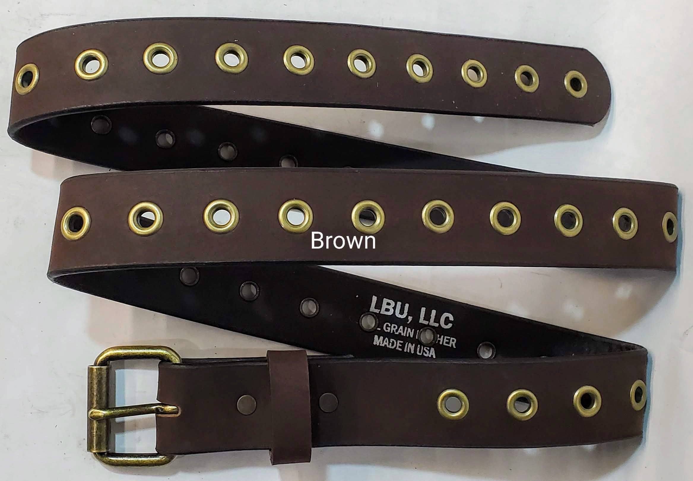 Leather Belt With Antique Brass Buckle and Grommets 1 1/2" Wide