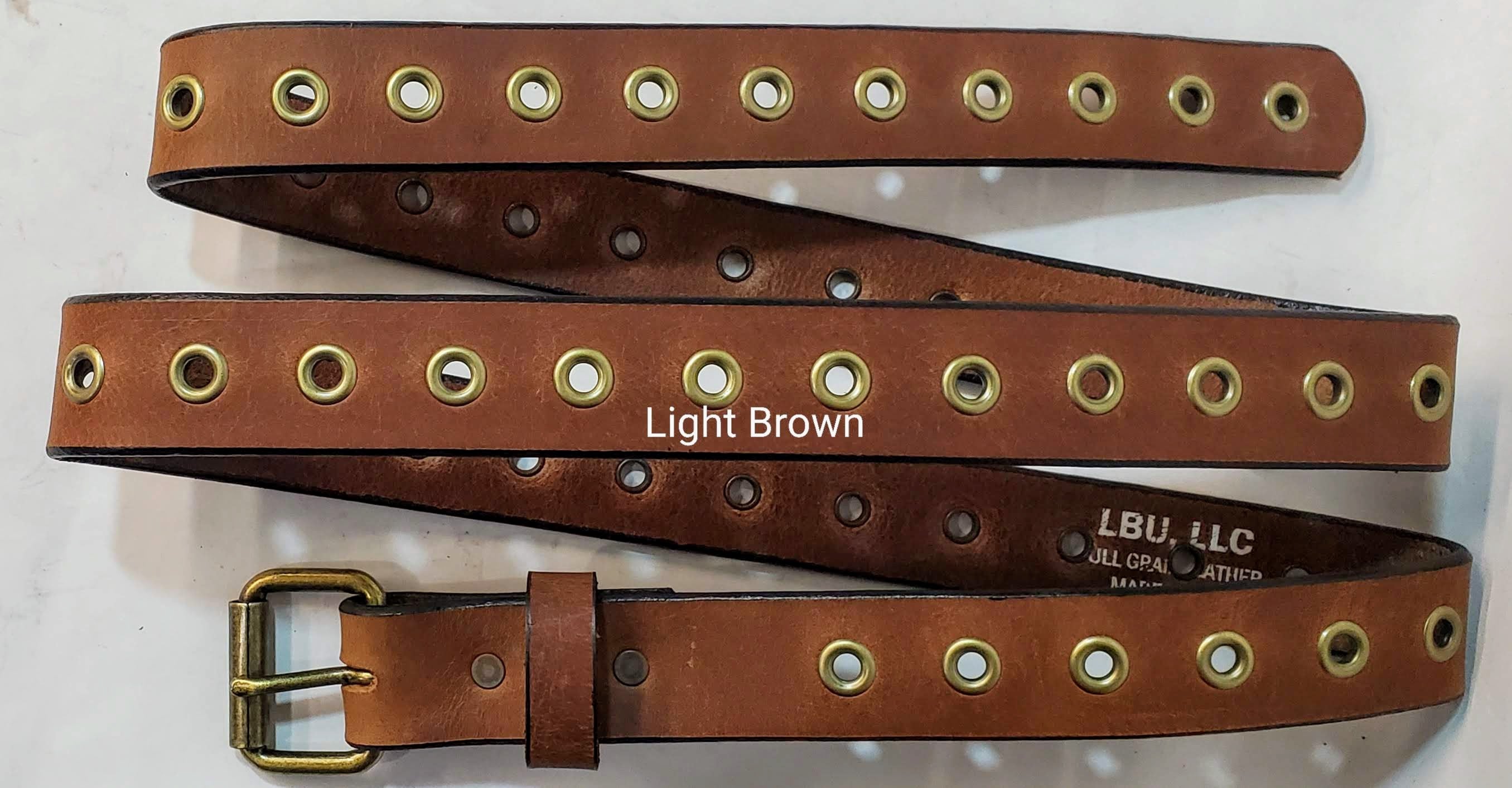 Leather Belt With Antique Brass Buckle and Grommets 1 3/4" Wide