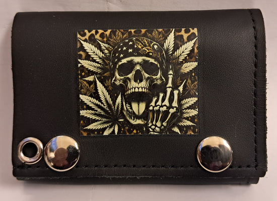 Leather Chain Wallet - Weed Skull Middle Finger