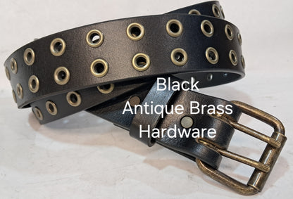 Leather Belt Double Hole With Antique Brass Buckle and Grommets 1 3/4" Wide