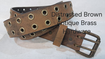 Leather Belt Double Hole With Antique Brass Buckle and Grommets 1 3/4" Wide