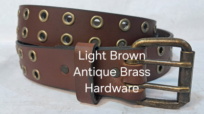 Leather Belt Double Hole With Antique Brass Buckle and Grommets 1 3/4" Wide