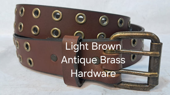 Leather Belt Double Hole With Antique Brass Buckle and Grommets 1 3/4" Wide