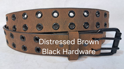 Leather Belt Double Hole Black Plate Buckle and Grommets 1 1/4" Wide