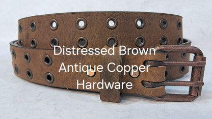 Leather Belt Double Hole With Antique Copper Buckle and Grommets 1 1/2" Wide