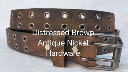 Leather Belt Double Hole With Antique Nickel Buckle and Grommets 1 3/4" Wide