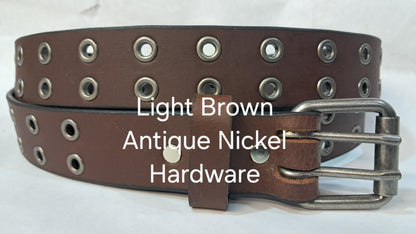 Leather Belt Double Hole With Antique Nickel Buckle and Grommets 1 3/4" Wide