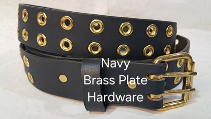 Leather Belt Double Hole With Brass Plate Buckle and Grommets 1 1/2" Wide