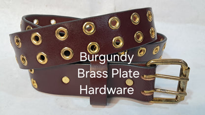 Leather Belt Double Hole With Brass Plate Buckle and Grommets 1 1/2" Wide