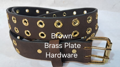 Leather Belt Double Hole With Brass Plate Buckle and Grommets 1 1/2" Wide