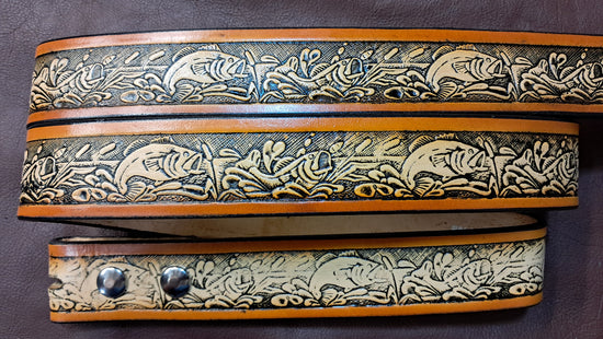 Embossed Leather Belt 1 1/2" Fish - 2 TC