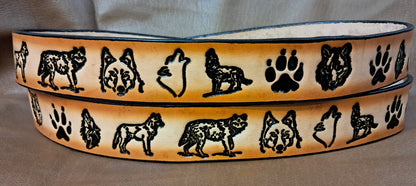 Embossed Leather Belt 1 1/2" Wide Wildlife Wolf 2 TC