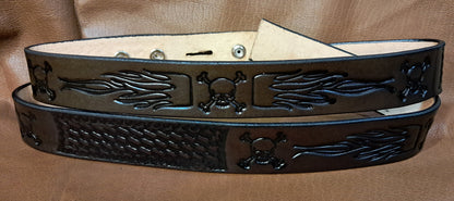 Embossed Leather Belt 1 1/2" Skull Flames