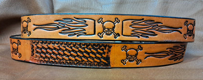 Embossed Leather Belt 1 1/2" Skull Flames