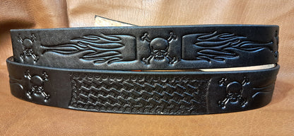 Embossed Leather Belt 1 1/2" Skull Flames