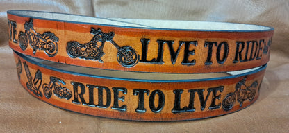 Embossed Leather Belt 1 1/2" Live To Ride Ride To Live 2TC