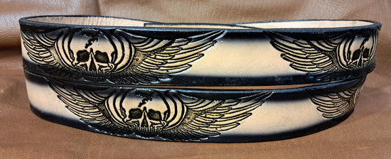Embossed Leather Belt 1 1/2" Skull Wings 2TC
