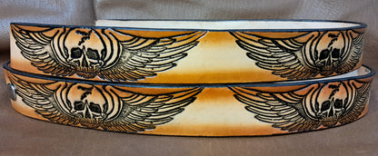 Embossed Leather Belt 1 1/2" Skull Wings 2TC