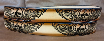 Embossed Leather Belt 1 1/2" Skull Wings 2TC