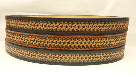 Embossed Leather Belt 1 1/2" Basketweave 2 Tone Color