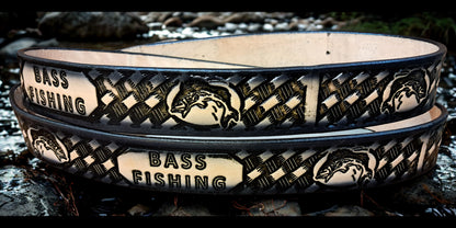 Embossed Leather Belt 1 1/2" Bass Fishing - 2 TC