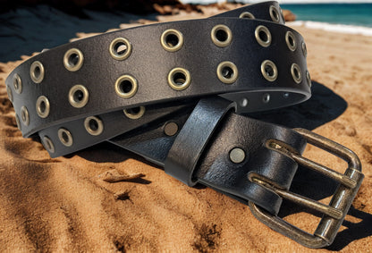 Leather Belt Double Hole With Antique Brass Buckle and Grommets 1 3/4" Wide
