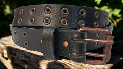 Leather Belt Double Hole With Antique Copper Buckle and Grommets 1 1/4" Wide