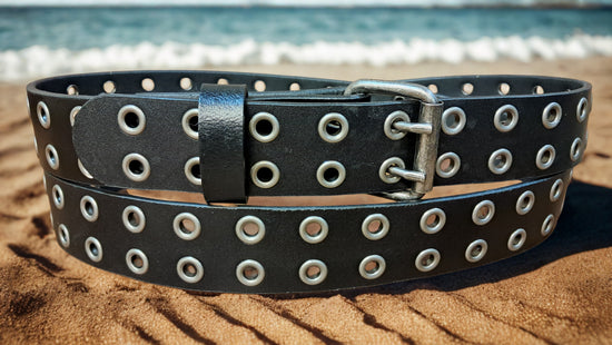 Leather Belt Double Hole With Antique Nickel Buckle and Grommets 1 1/4" Wide