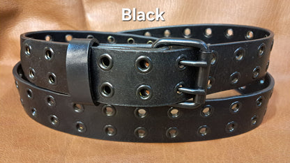 Leather Belt Double Hole Black Plate Buckle and Grommets 1 1/4" Wide